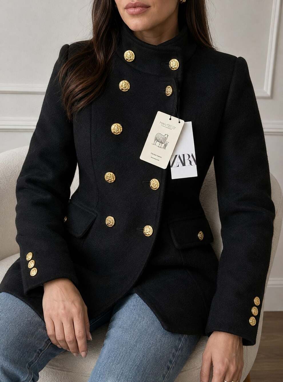 Zara Manteco Wool Coat XXL Black Gold Buttons Italian Fabric NWT